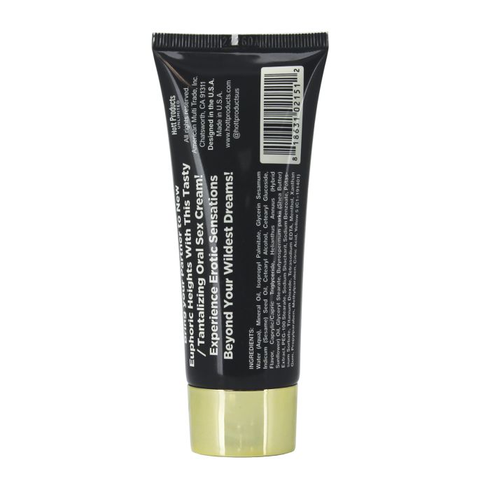 Black tube of Oralicious cream with text on a white background. Label reads: Bring your partner to new euphoric heights with this tasty/tantalizing oral sex cream! Experience Erotic Sensations beyond your wildest dreams! By Hott Products Unlimited.