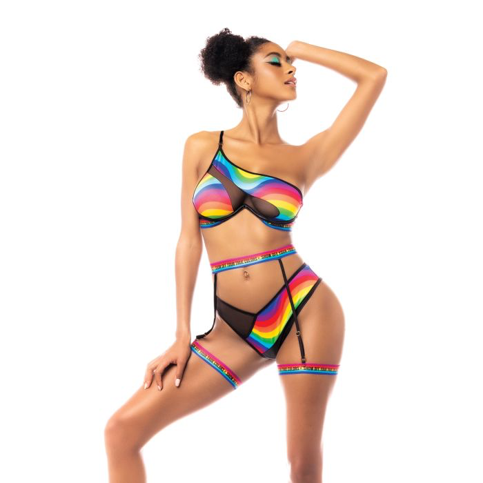 Pride Rainbow & Contrast Mesh One-Shoulder Bra, Panty, and Garter Belt (Sm-XL)